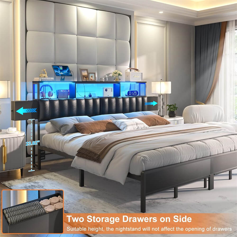Upholstered King Headboard with 2 Hidden Storage Drawers, Headboard for King Size Bed with Power Outlet and LED Light