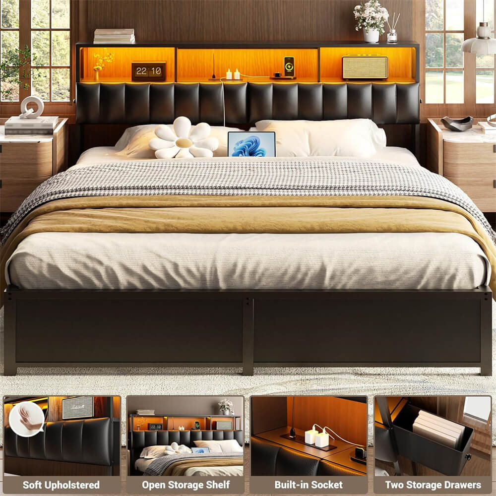Upholstered King Headboard with 2 Hidden Storage Drawers, Headboard for King Size Bed with Power Outlet and LED Light