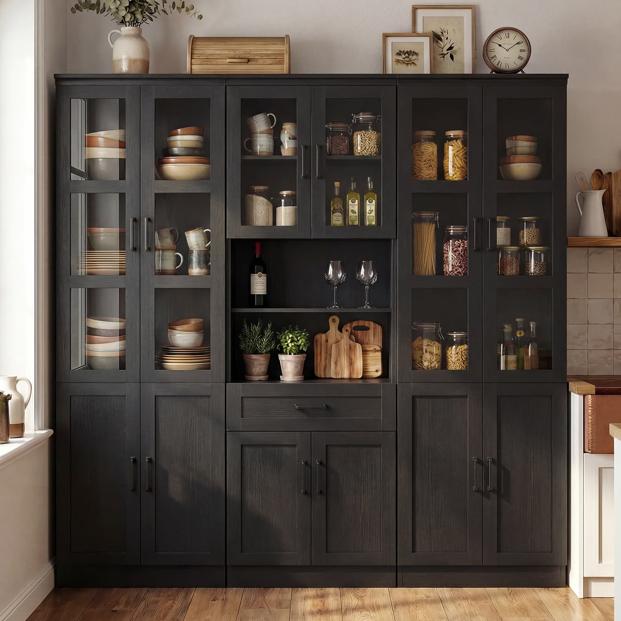 79.7" Tall Pantry Storage Cabinet with Glass Door, Adjustable Shelves, and Drawers, 3 Packs