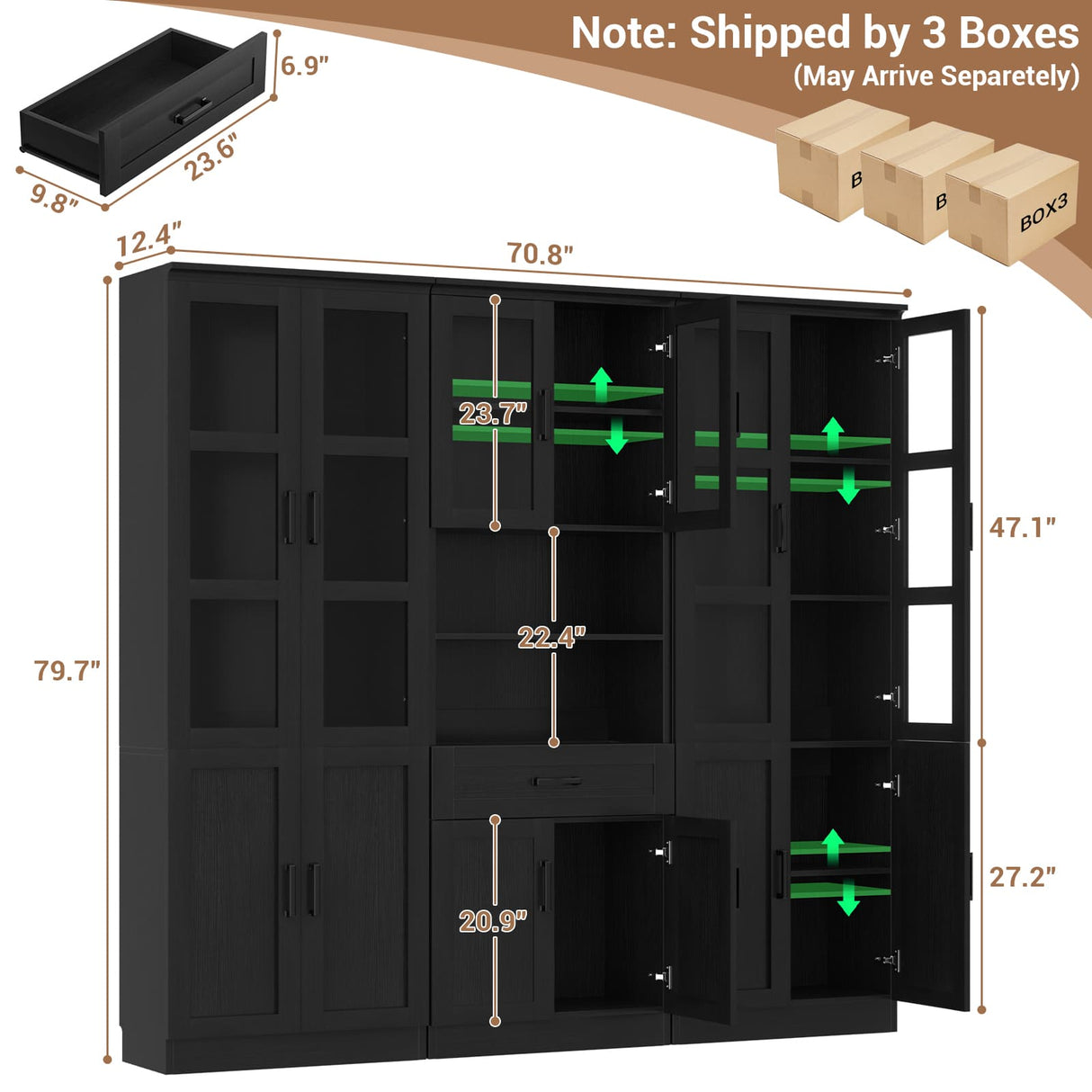 79.7" Tall Pantry Storage Cabinet with Glass Door, Adjustable Shelves, and Drawers, 3 Packs