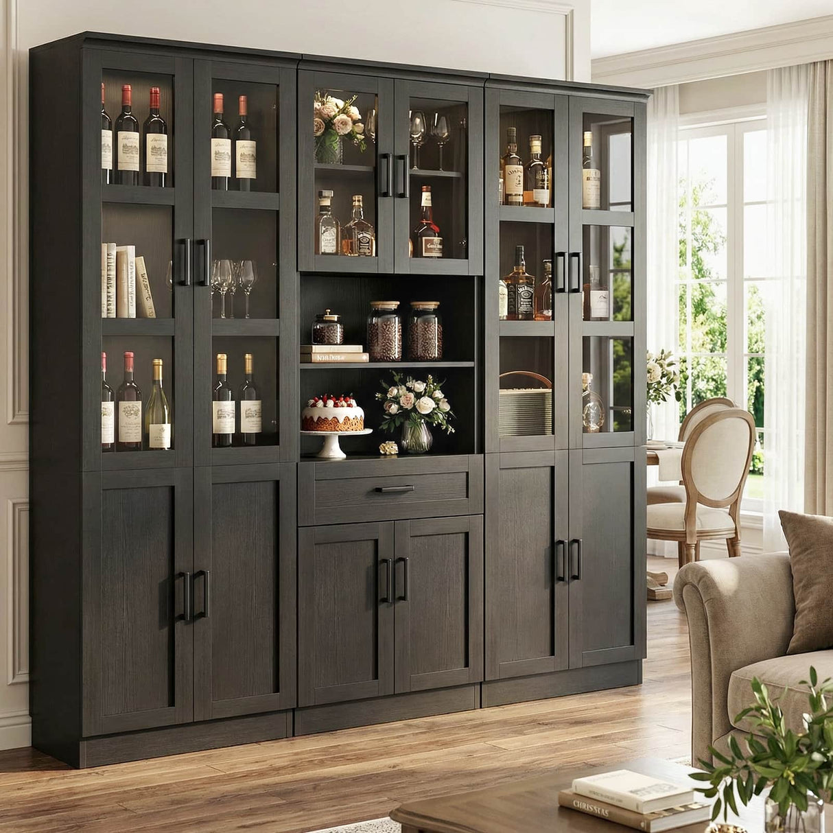79.7" Tall Pantry Storage Cabinet with Glass Door, Adjustable Shelves, and Drawers, 3 Packs