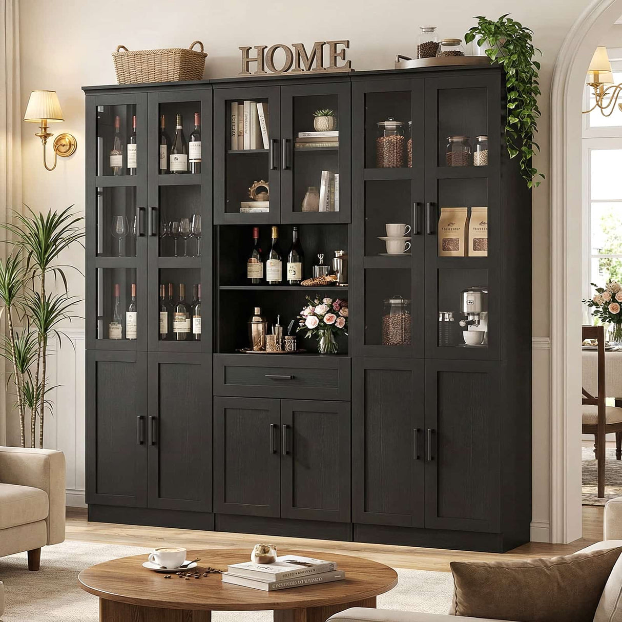 79.7" Tall Pantry Storage Cabinet with Glass Door, Adjustable Shelves, and Drawers, 3 Packs