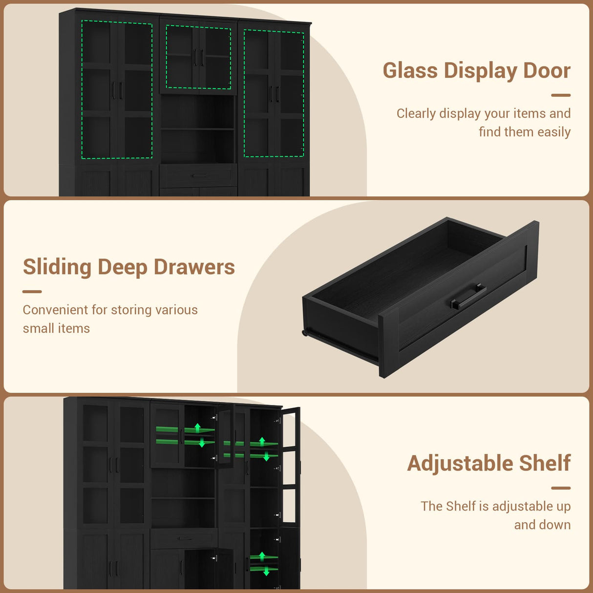 79.7" Tall Pantry Storage Cabinet with Glass Door, Adjustable Shelves, and Drawers, 3 Packs