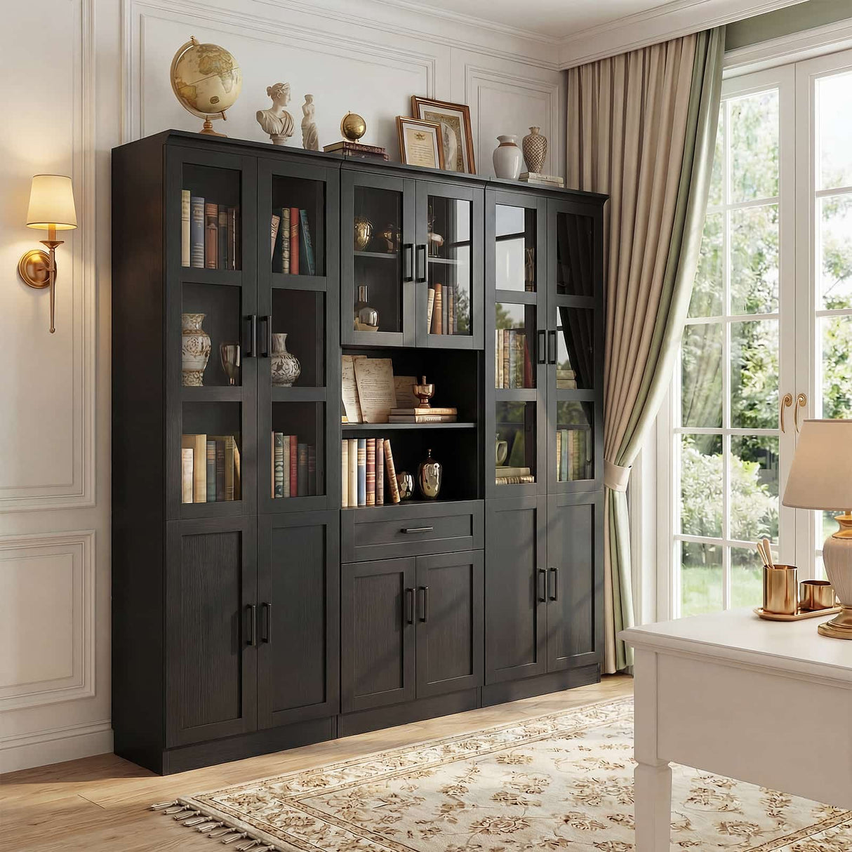 79.7" Tall Pantry Storage Cabinet with Glass Door, Adjustable Shelves, and Drawers, 3 Packs
