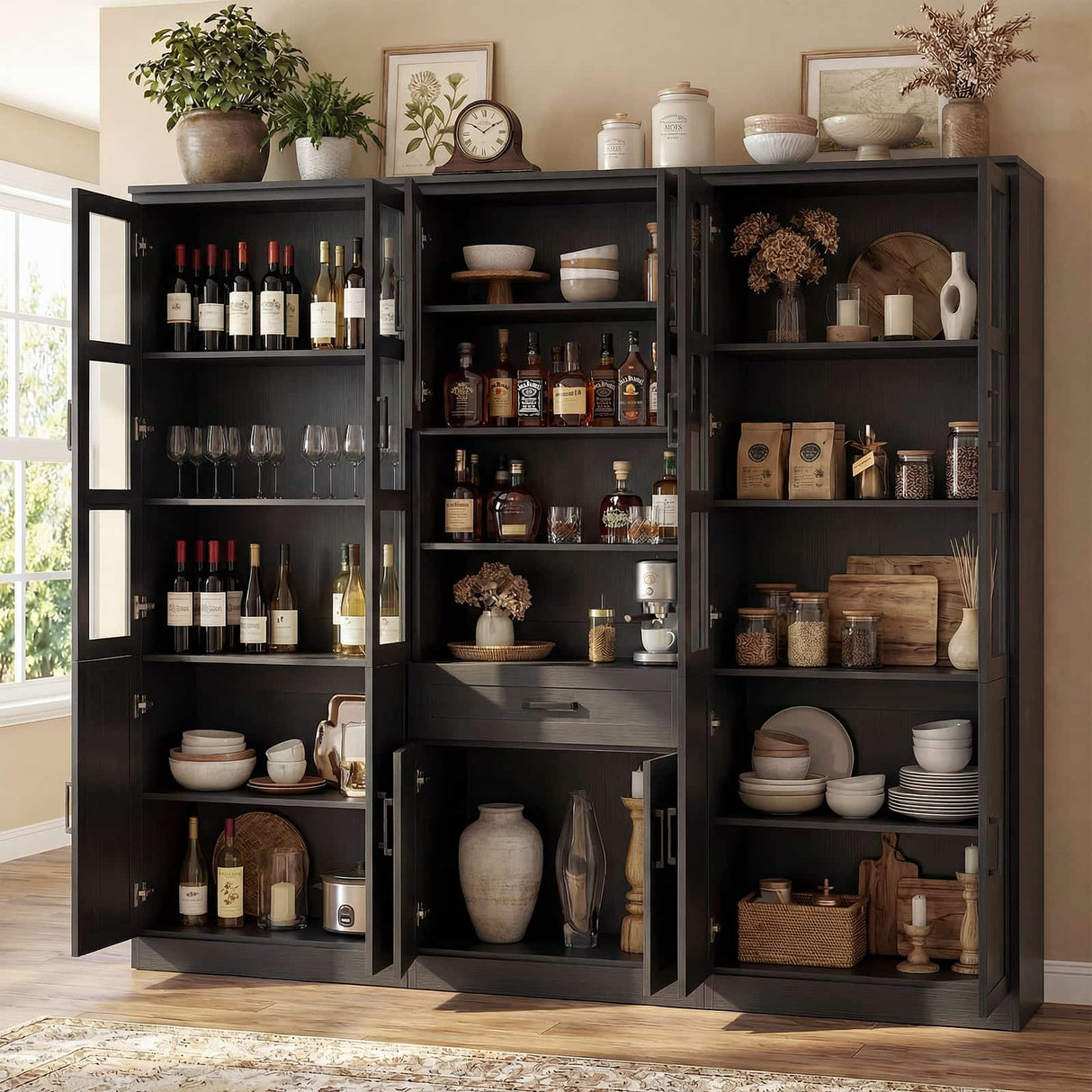 79.7" Tall Pantry Storage Cabinet with Glass Door, Adjustable Shelves, and Drawers, 3 Packs