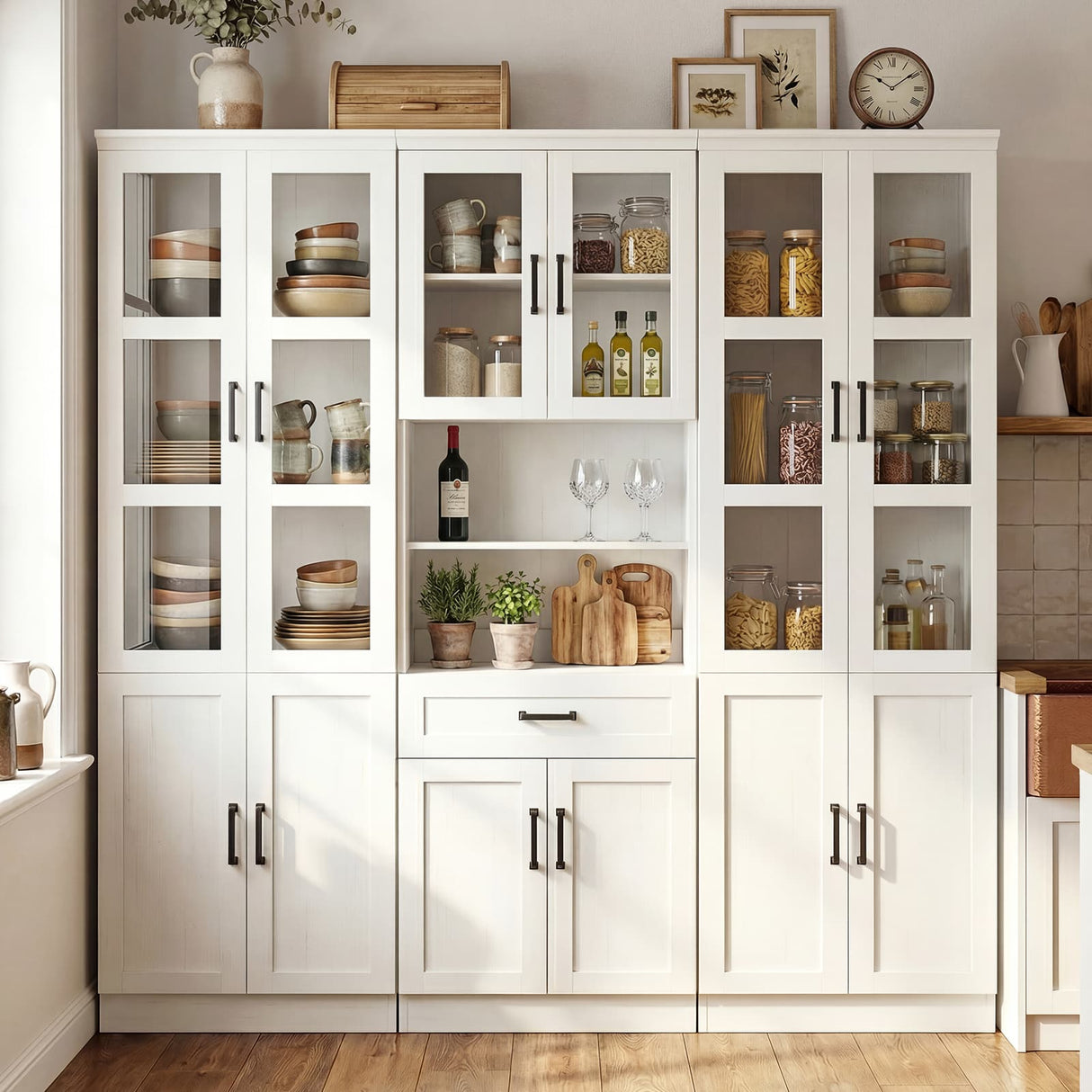 79.7" Tall Pantry Storage Cabinet with Glass Door, Adjustable Shelves, and Drawers, 3 Packs