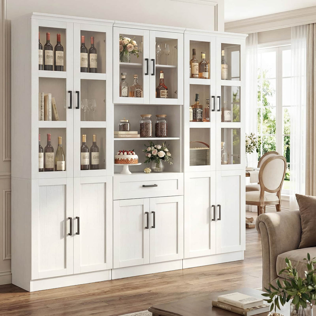 79.7" Tall Pantry Storage Cabinet with Glass Door, Adjustable Shelves, and Drawers, 3 Packs
