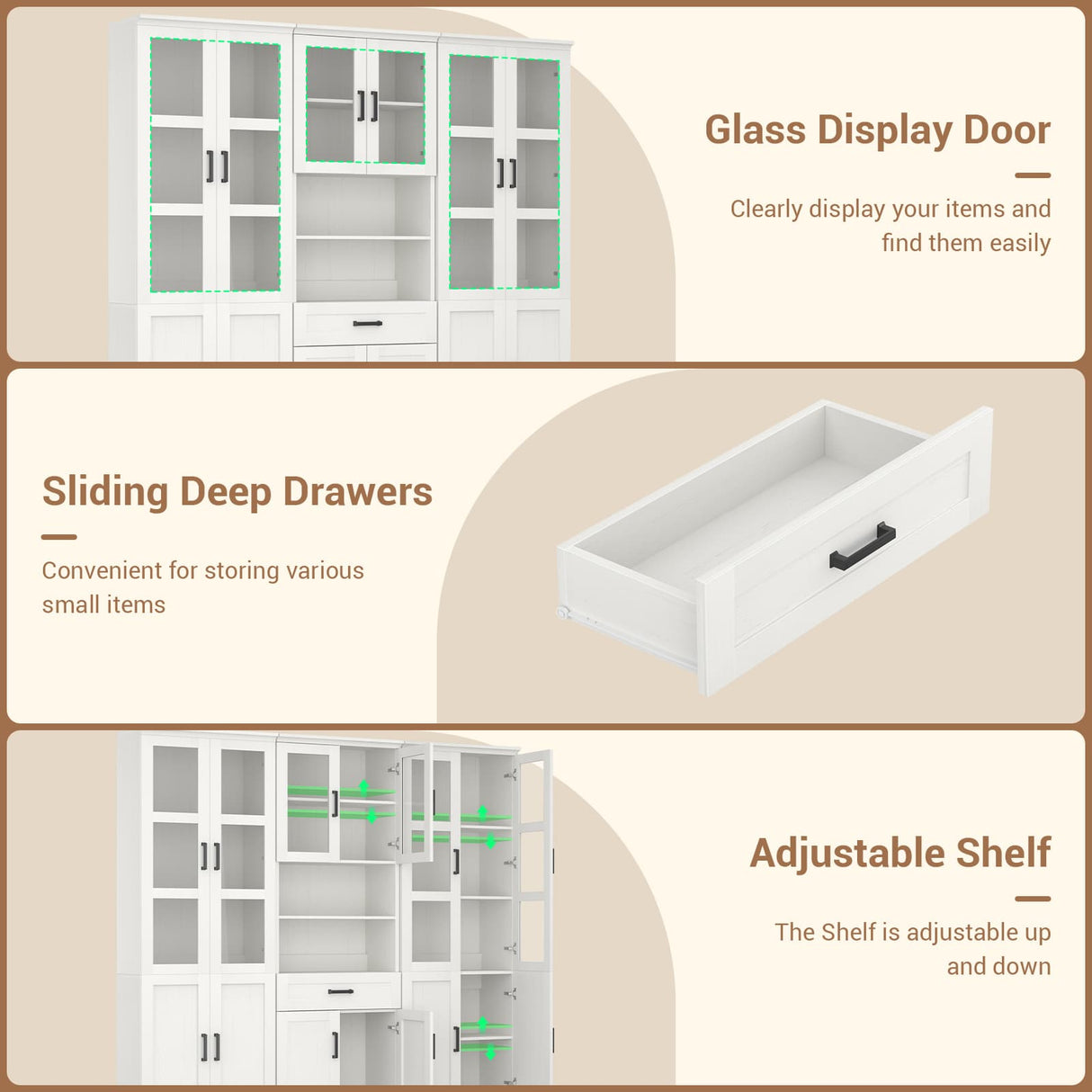 79.7" Tall Pantry Storage Cabinet with Glass Door, Adjustable Shelves, and Drawers, 3 Packs