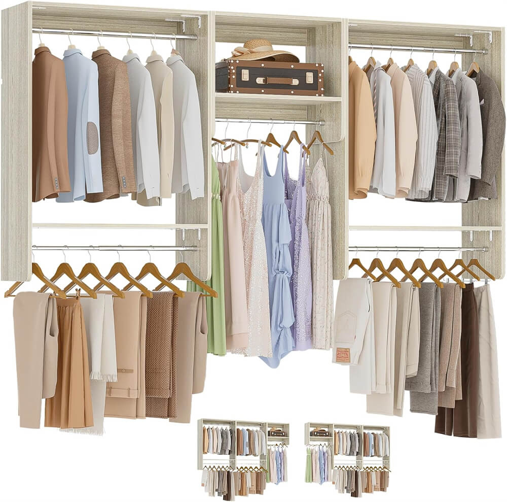 36'' - 96'' Closet System, 8FT Walk in Closet Organizer Starter Kit with 5 Hanging Rods and 3 Shelves, Heavy Duty, Cut Be Cut to Fit, Max Load 1200 LBS