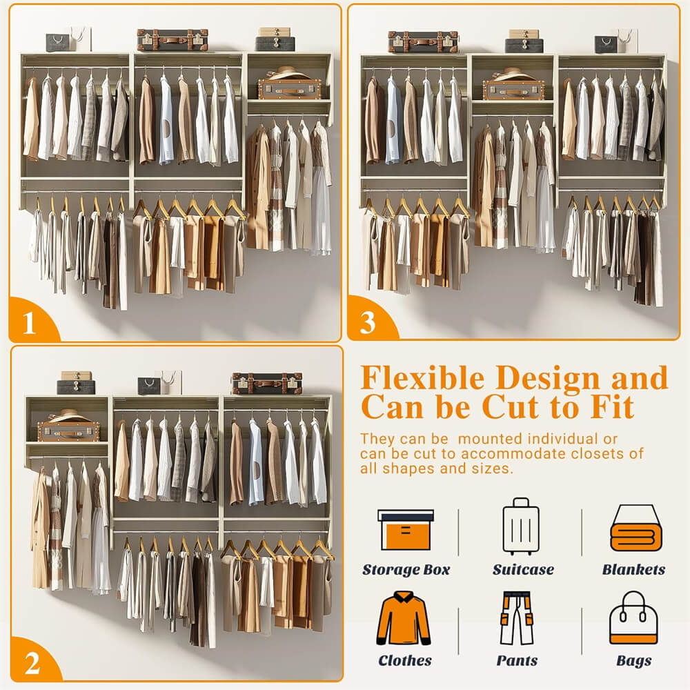 36'' - 96'' Closet System, 8FT Walk in Closet Organizer Starter Kit with 5 Hanging Rods and 3 Shelves, Heavy Duty, Cut Be Cut to Fit, Max Load 1200 LBS