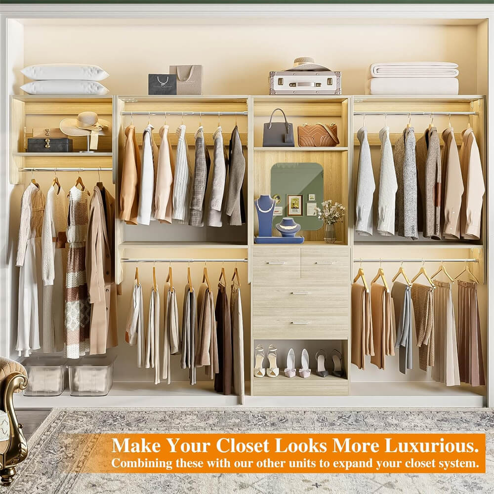 36'' - 96'' Closet System, 8FT Walk in Closet Organizer Starter Kit with 5 Hanging Rods and 3 Shelves, Heavy Duty, Cut Be Cut to Fit, Max Load 1200 LBS