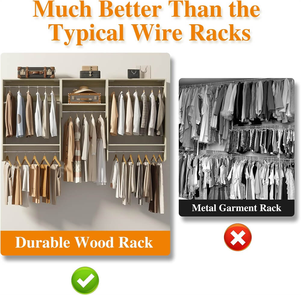 36'' - 96'' Closet System, 8FT Walk in Closet Organizer Starter Kit with 5 Hanging Rods and 3 Shelves, Heavy Duty, Cut Be Cut to Fit, Max Load 1200 LBS