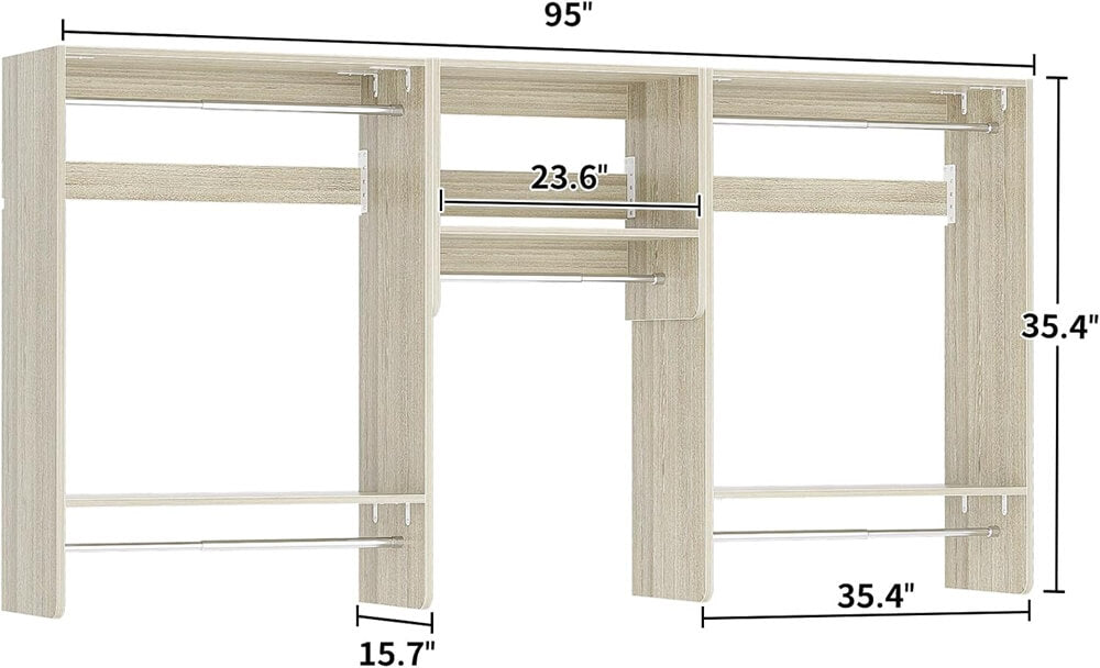 36'' - 96'' Closet System, 8FT Walk in Closet Organizer Starter Kit with 5 Hanging Rods and 3 Shelves, Heavy Duty, Cut Be Cut to Fit, Max Load 1200 LBS