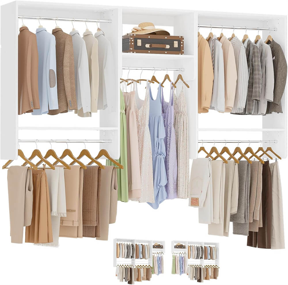 36'' - 96'' Closet System, 8FT Walk in Closet Organizer Starter Kit with 5 Hanging Rods and 3 Shelves, Heavy Duty, Cut Be Cut to Fit, Max Load 1200 LBS