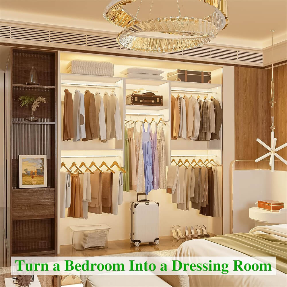 36'' - 96'' Closet System, 8FT Walk in Closet Organizer Starter Kit with 5 Hanging Rods and 3 Shelves, Heavy Duty, Cut Be Cut to Fit, Max Load 1200 LBS