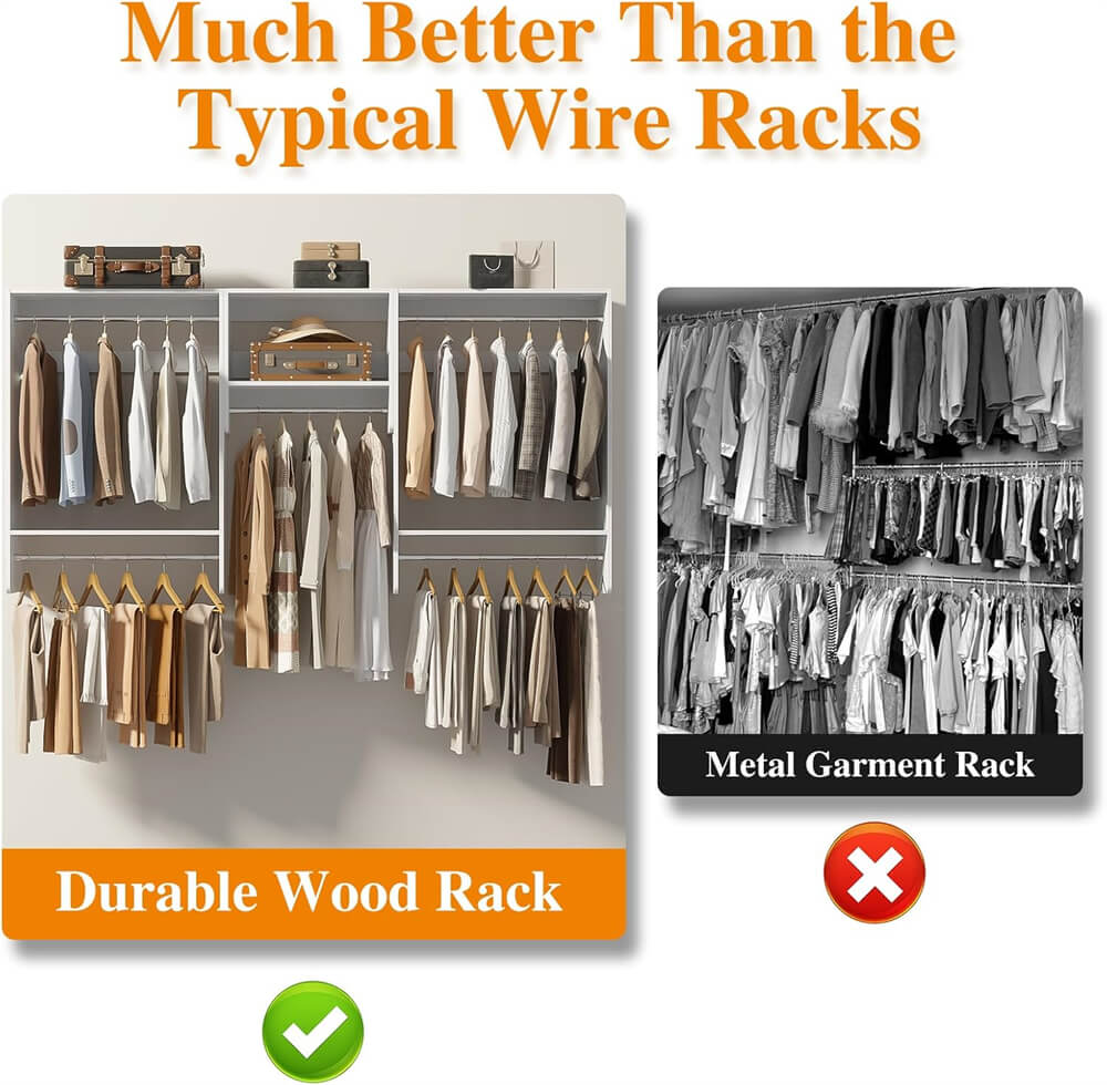 36'' - 96'' Closet System, 8FT Walk in Closet Organizer Starter Kit with 5 Hanging Rods and 3 Shelves, Heavy Duty, Cut Be Cut to Fit, Max Load 1200 LBS