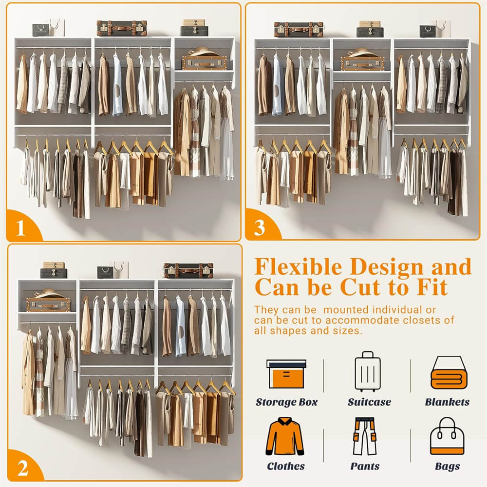 36'' - 96'' Closet System, 8FT Walk in Closet Organizer Starter Kit with 5 Hanging Rods and 3 Shelves, Heavy Duty, Cut Be Cut to Fit, Max Load 1200 LBS