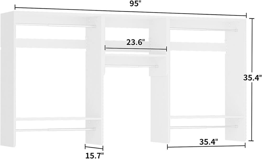 36'' - 96'' Closet System, 8FT Walk in Closet Organizer Starter Kit with 5 Hanging Rods and 3 Shelves, Heavy Duty, Cut Be Cut to Fit, Max Load 1200 LBS