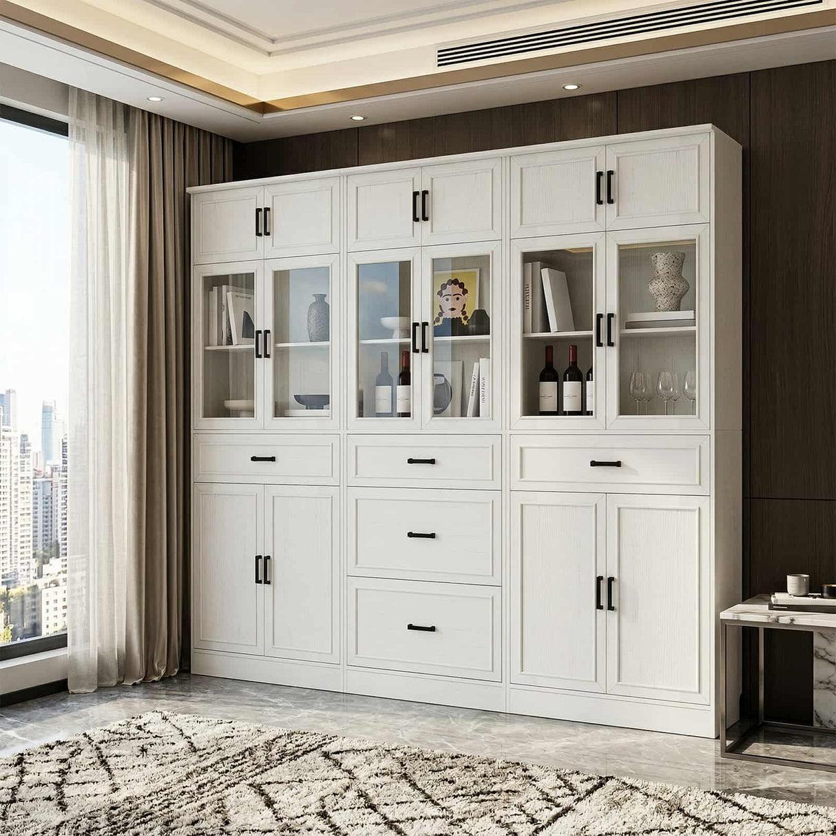 80" Tall Kitchen Pantry Storage Cabinet with Glass Doors, Adjustable Shelves and Drawer, 3 Packs