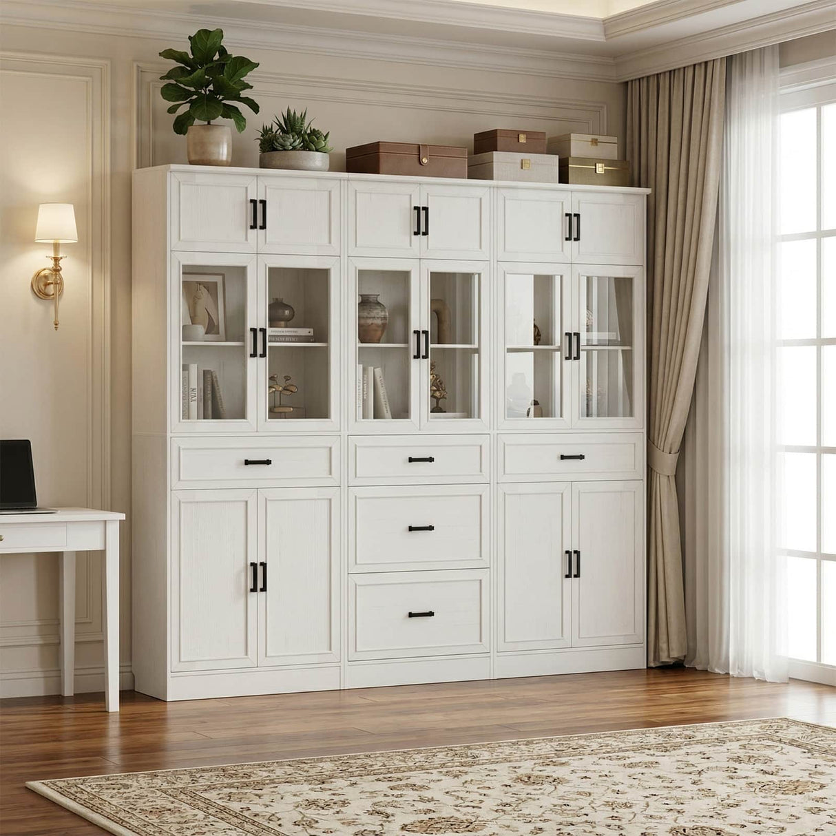 80" Tall Kitchen Pantry Storage Cabinet with Glass Doors, Adjustable Shelves and Drawer, 3 Packs