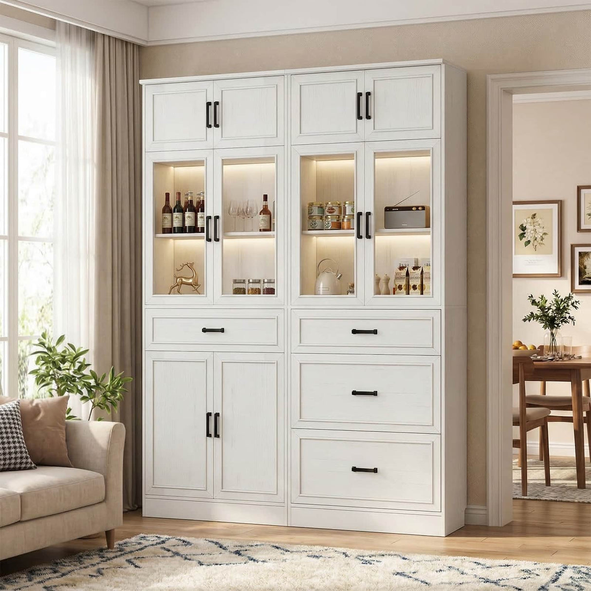 80" 2-Piece Tall Kitchen Pantry Cabinet with Glass Doors and Adjustable Shelves, Off-white