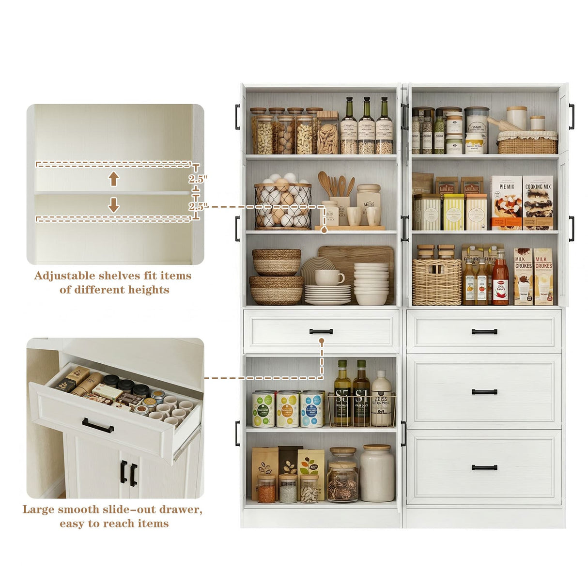 80" 2-Piece Tall Kitchen Pantry Cabinet with Glass Doors and Adjustable Shelves, Off-white
