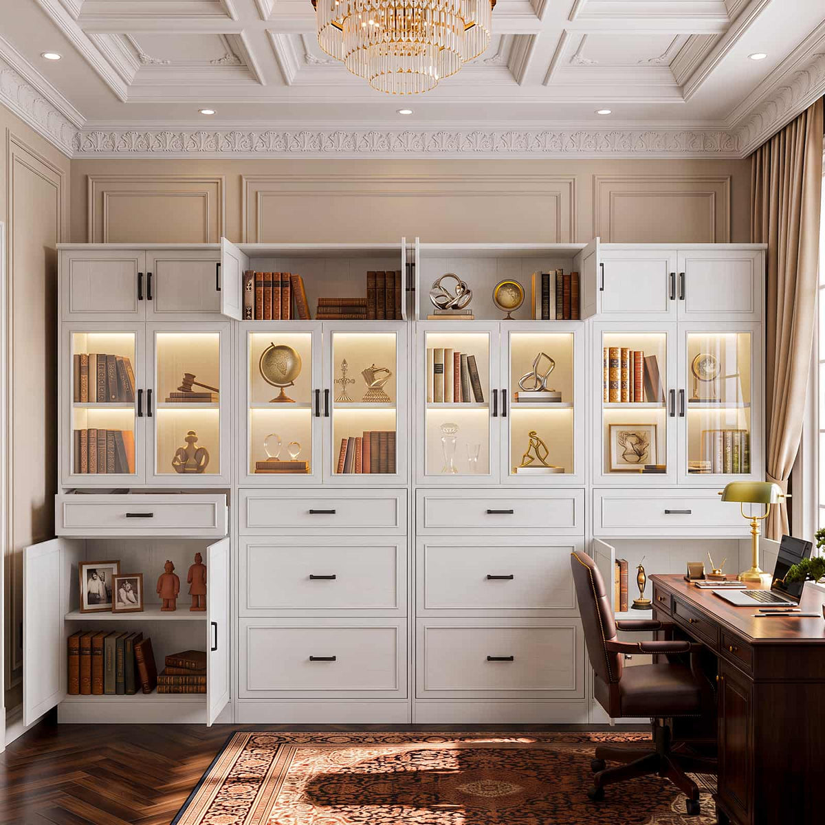 80" Tall Large Bookcase W/ 8 Storage Drawers & Doors