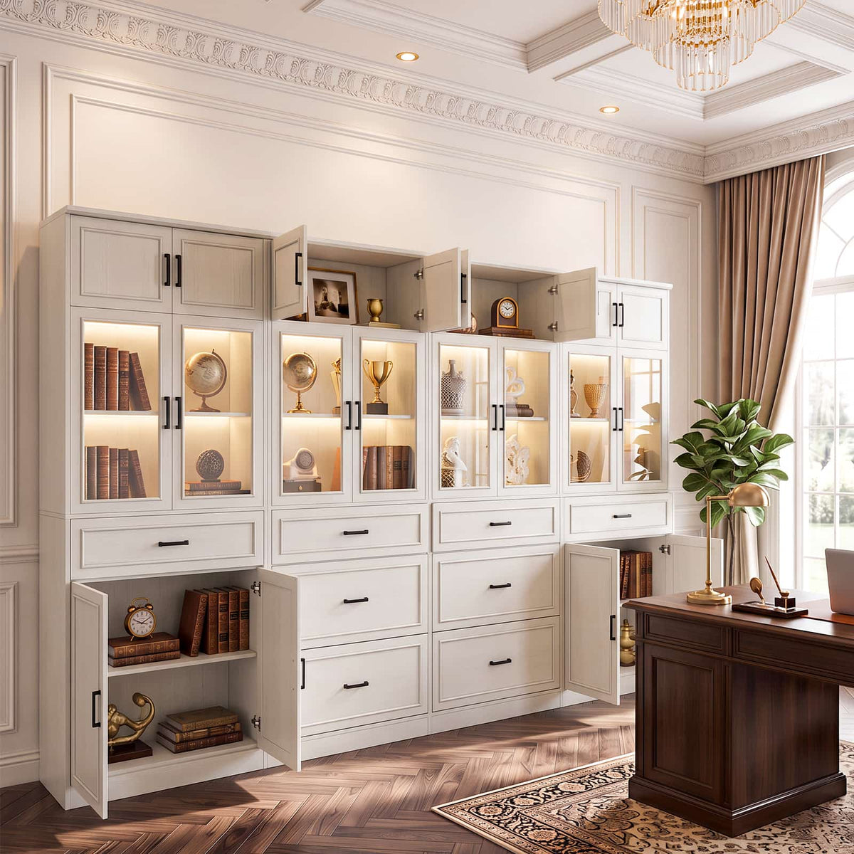 80" Tall Large Bookcase W/ 8 Storage Drawers & Doors