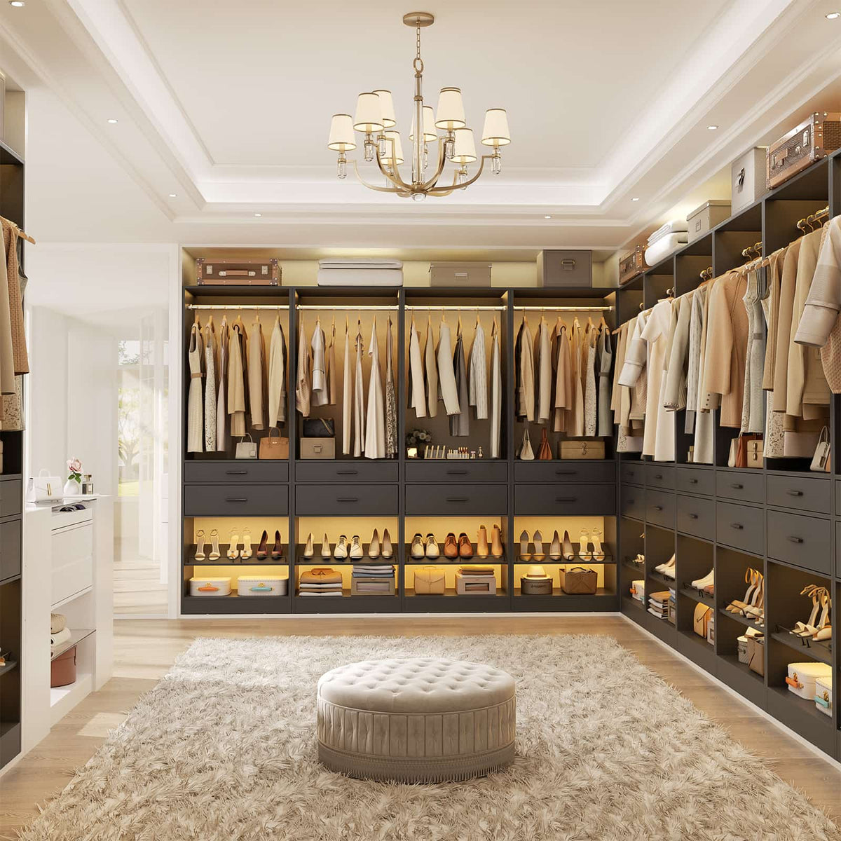 Closet System, 100" Closet Organizer W/ 8 Drawers & 4 Hanging Rods