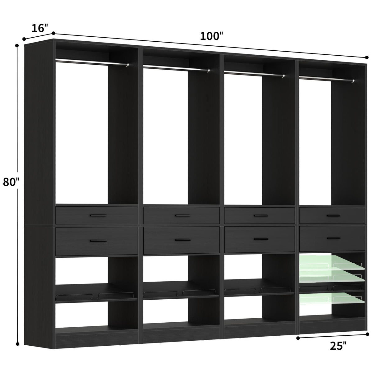 Closet System, 100" Closet Organizer W/ 8 Drawers & 4 Hanging Rods