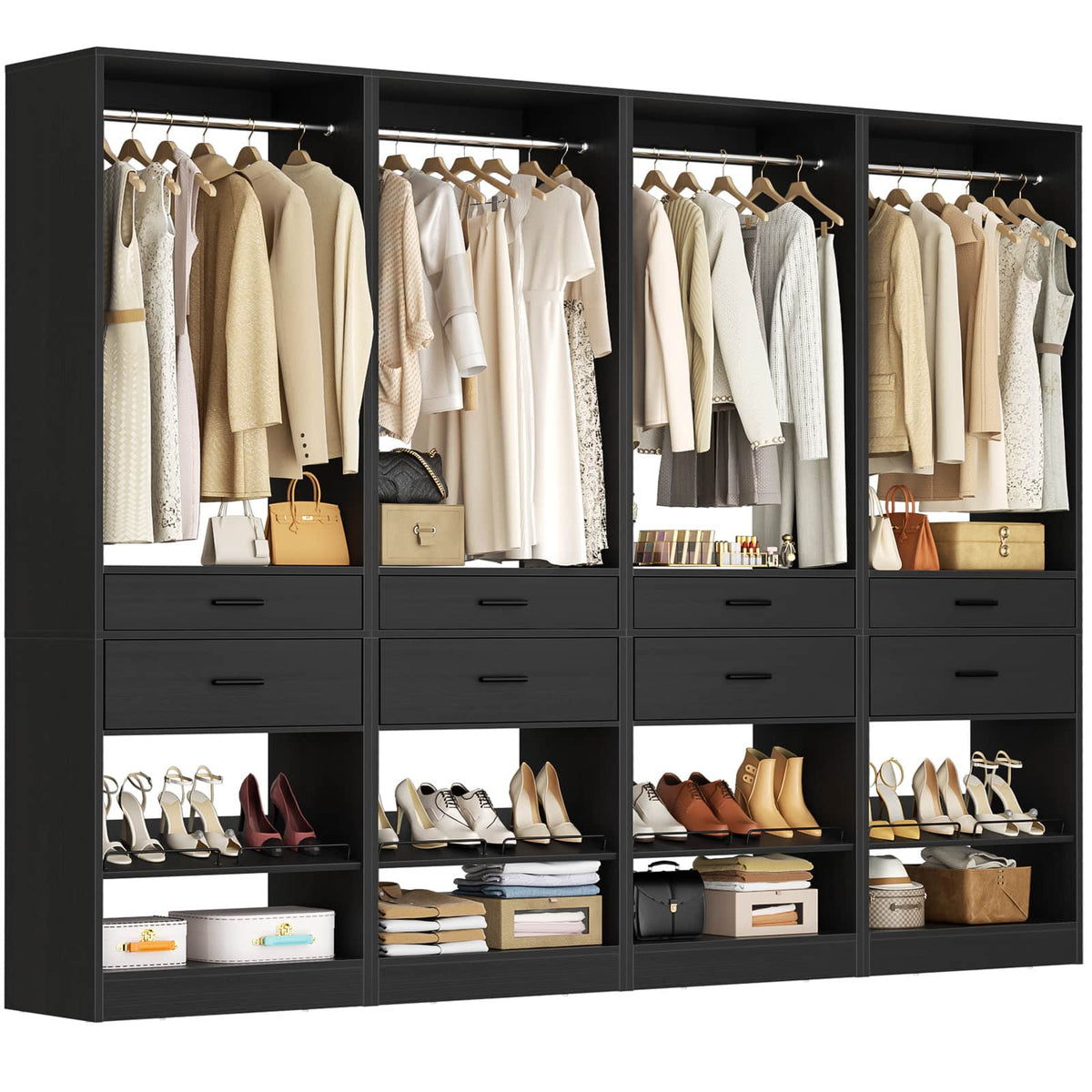 Closet System, 100" Closet Organizer W/ 8 Drawers & 4 Hanging Rods
