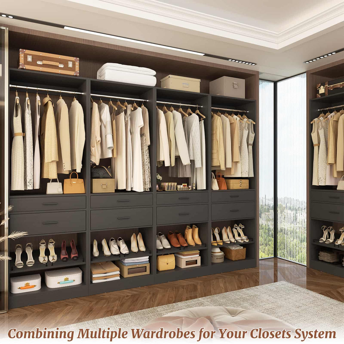Closet System, 50" Closet Organizer with 4 Drawers & 2 Hanging Rods