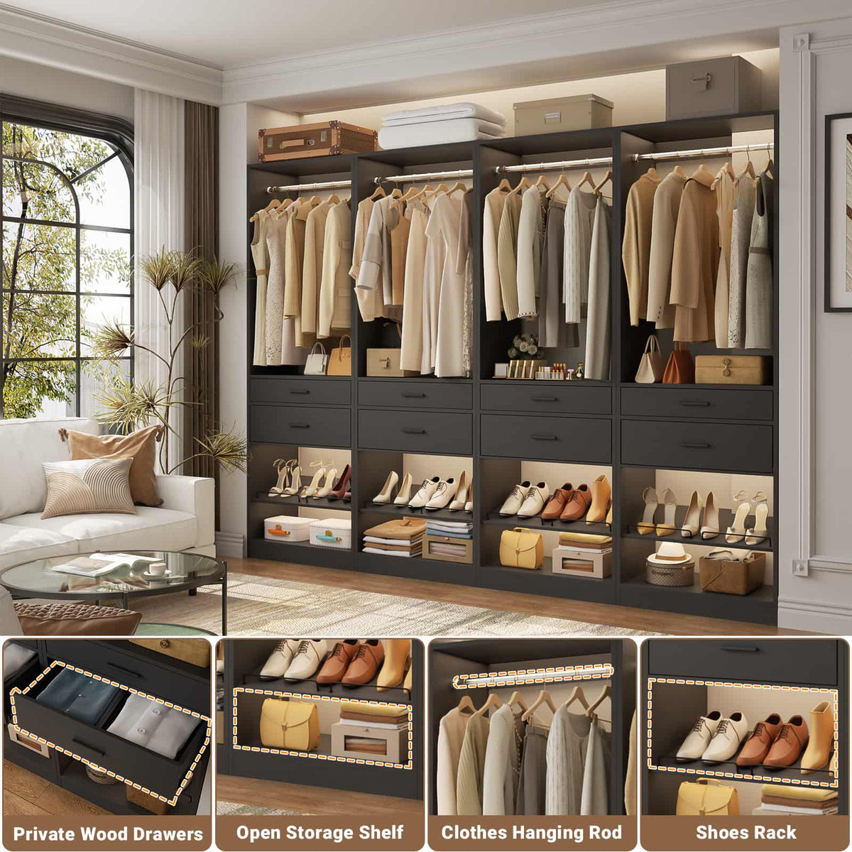 Closet System, 50" Closet Organizer with 4 Drawers & 2 Hanging Rods
