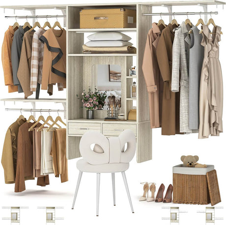 8FT Wall Mounted Closet System with Vanity Desk, with 3 Adjustable Shelves & Hanging Rods, Heavy Duty