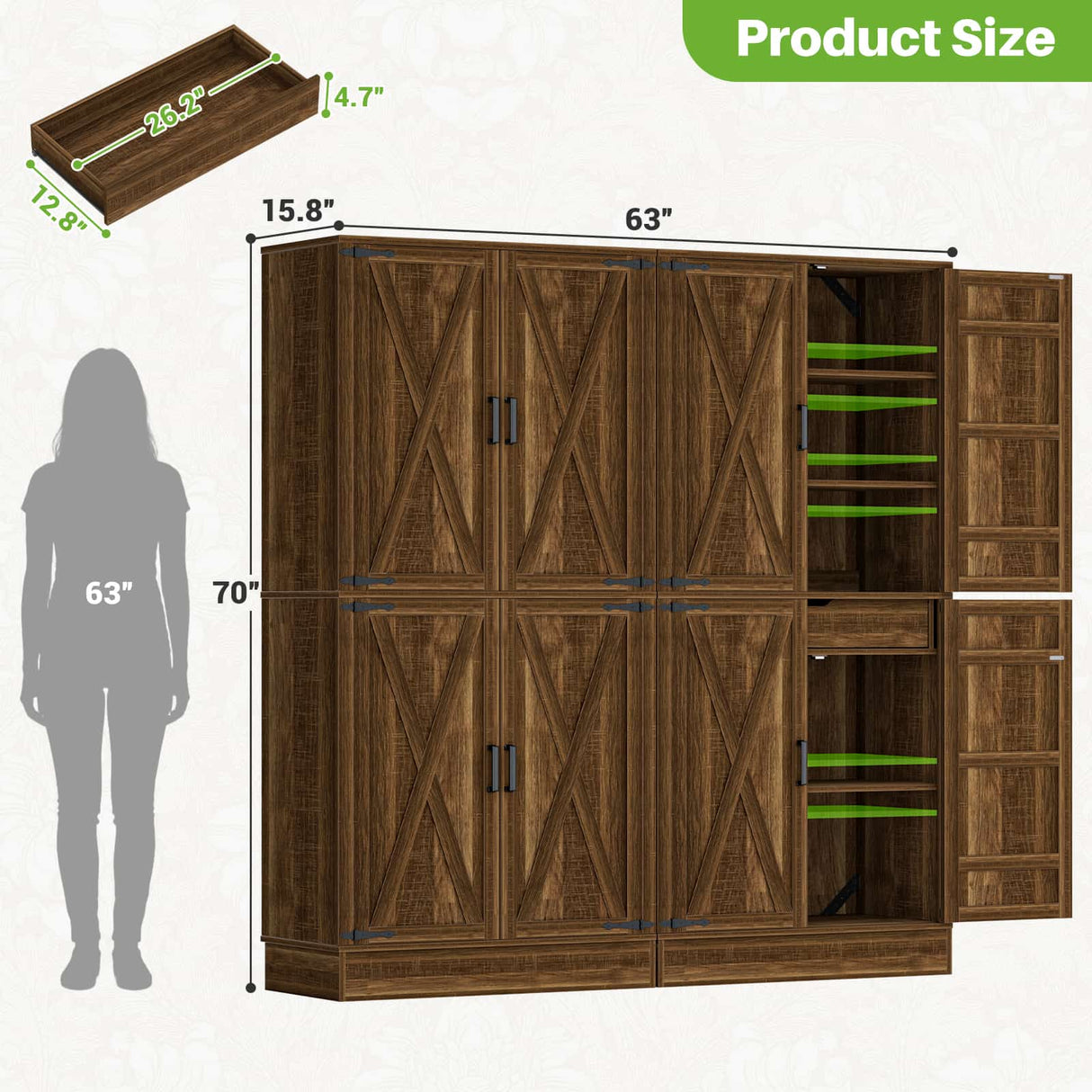 71" Tall Kitchen Pantry Storage Cabinet with 2 Built-in Drawers | 63" Wide Wood Farmhouse Storage Cabinet