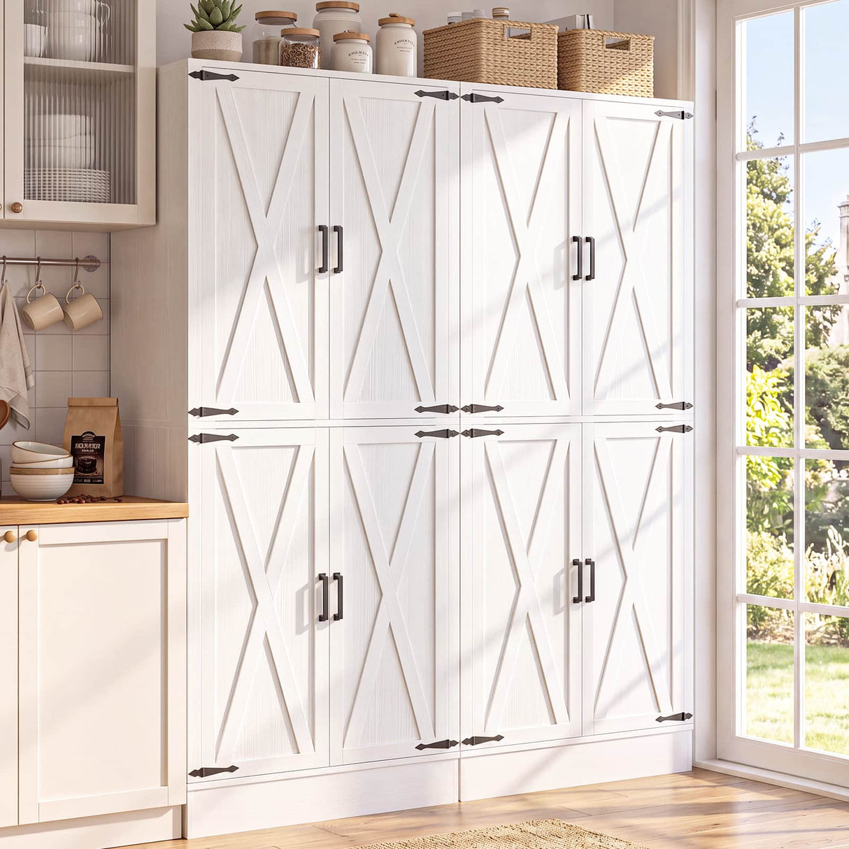 71" Tall Kitchen Pantry Storage Cabinet with 2 Built-in Drawers | 63" Wide Wood Farmhouse Storage Cabinet