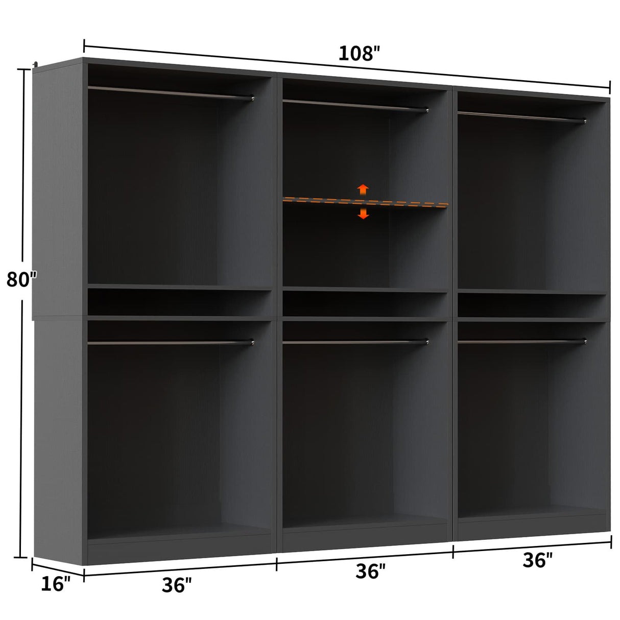 9FT Modular Closet System with 6 Hanging Rods, 2500LBs Heavy Duty Walk-in Organizer