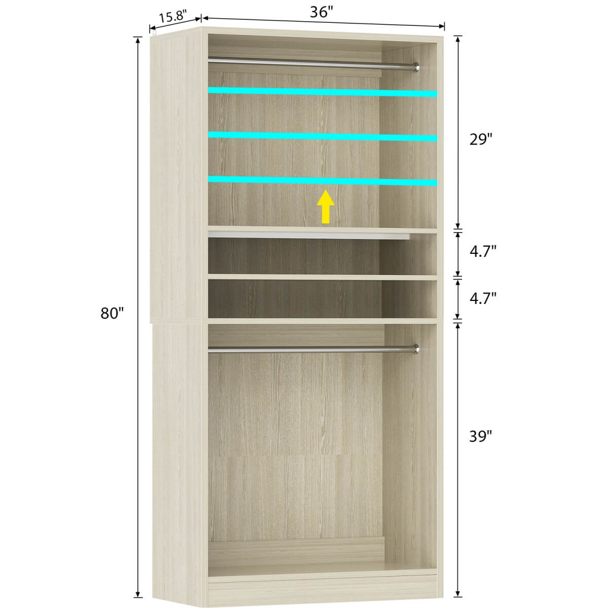 36'' Freestanding Closet System with 2 Hanging Rods & Adjustable Shelve