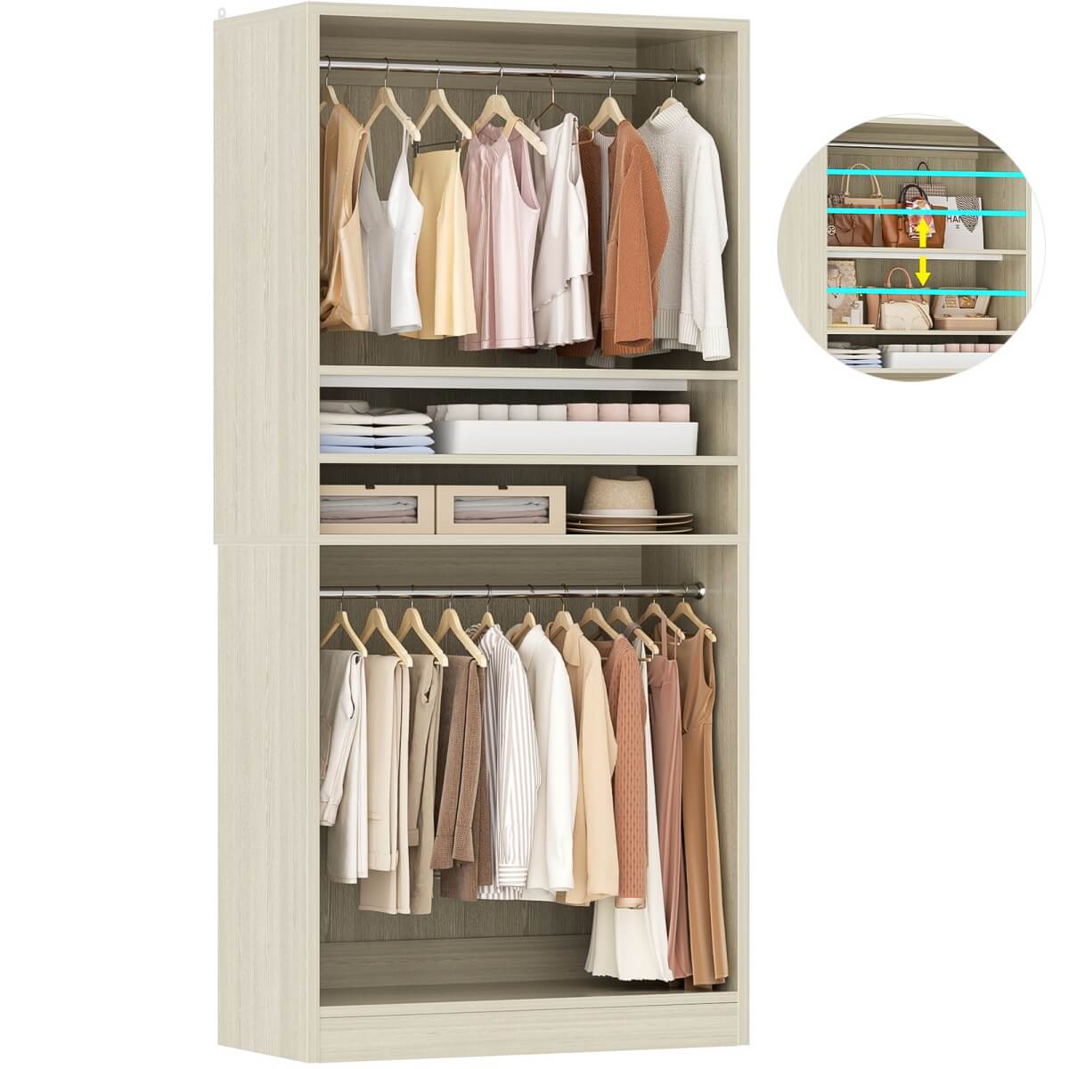 36'' Freestanding Closet System with 2 Hanging Rods & Adjustable Shelve