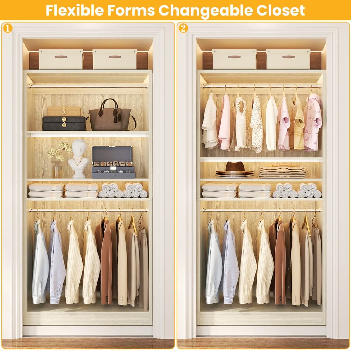 36'' Freestanding Closet System with 2 Hanging Rods & Adjustable Shelve