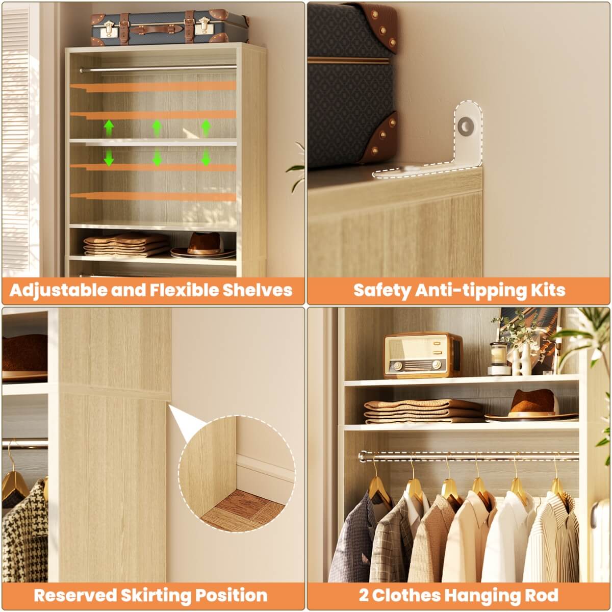 36'' Freestanding Closet System with 2 Hanging Rods & Adjustable Shelve