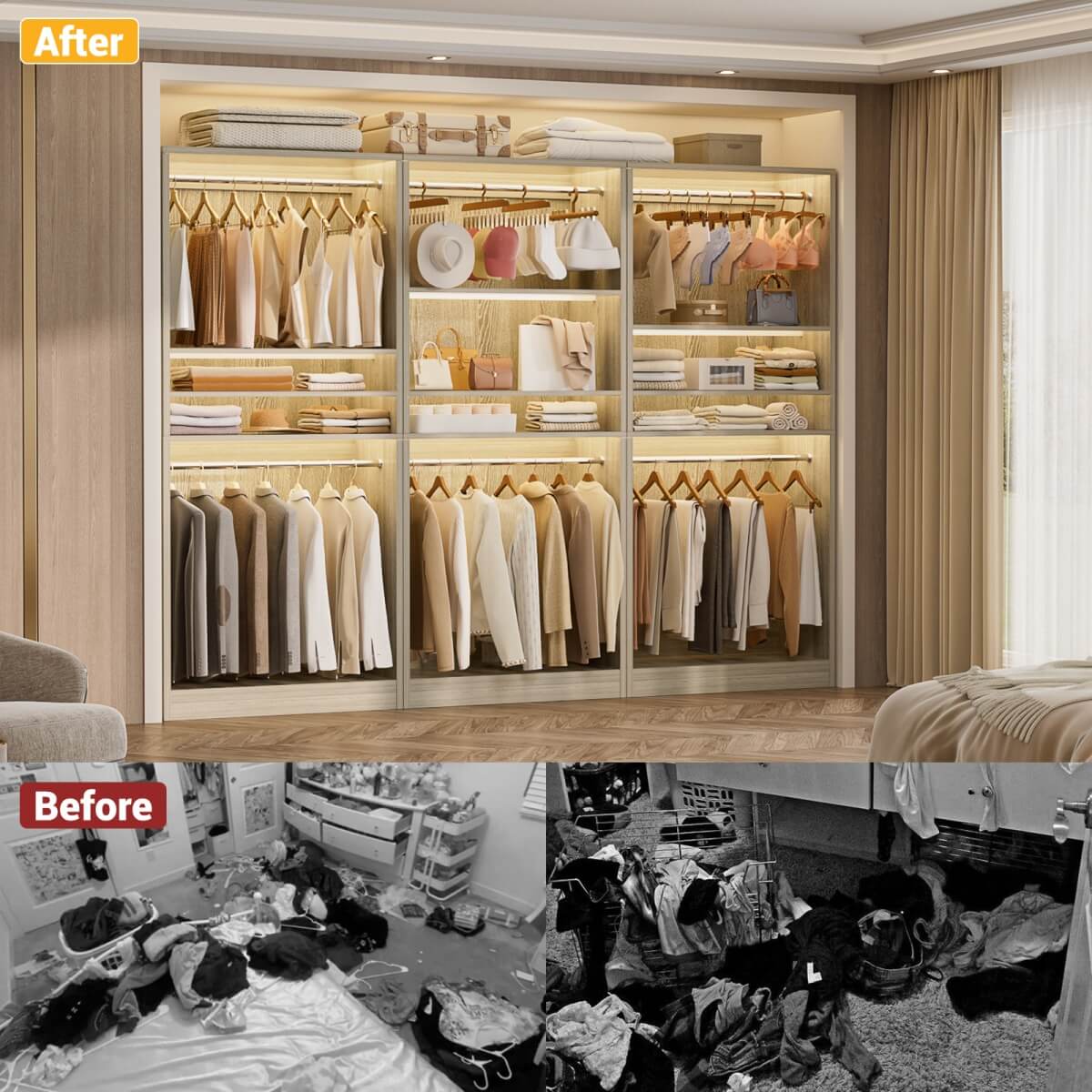 36'' Freestanding Closet System with 2 Hanging Rods & Adjustable Shelve