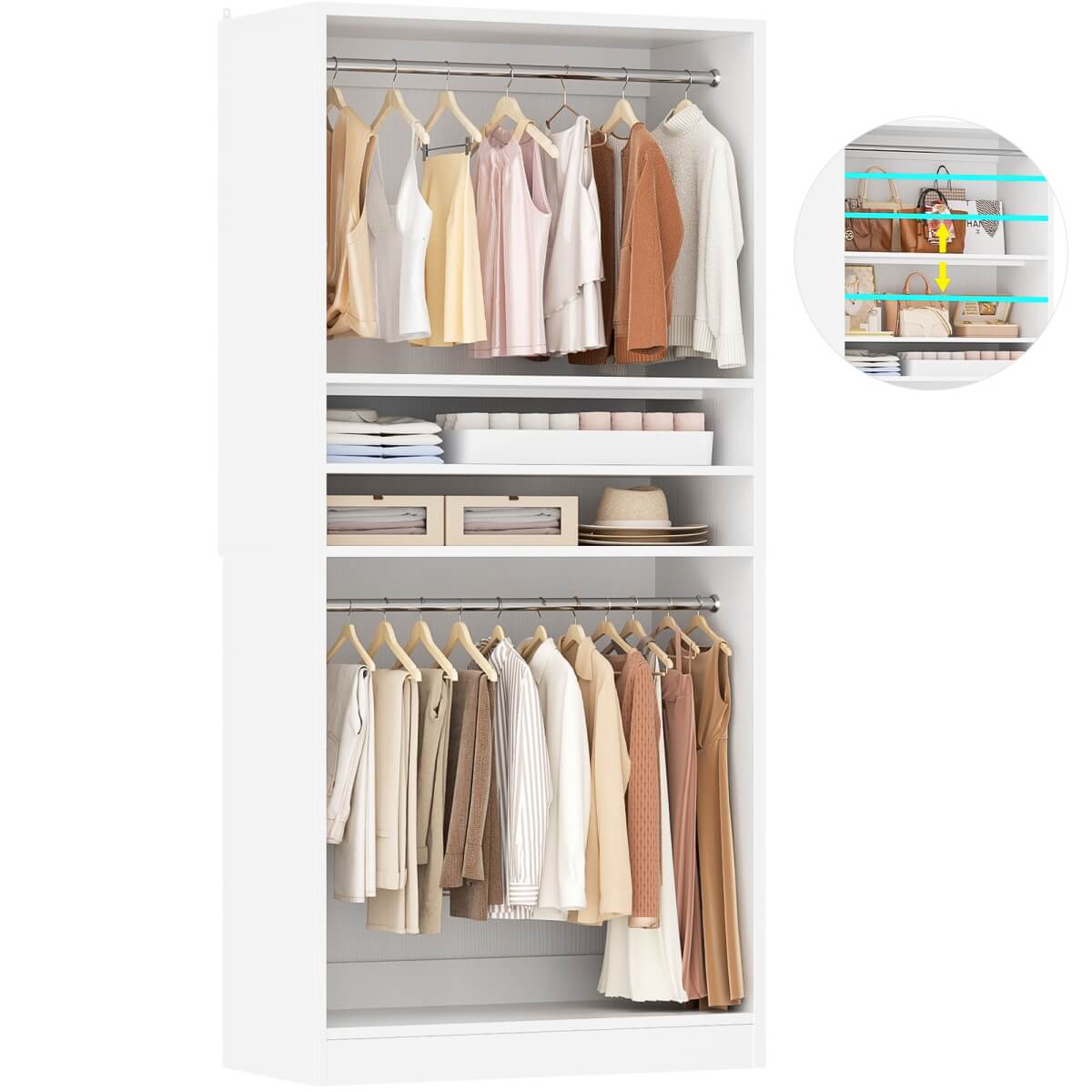 36'' Freestanding Closet System with 2 Hanging Rods & Adjustable Shelve