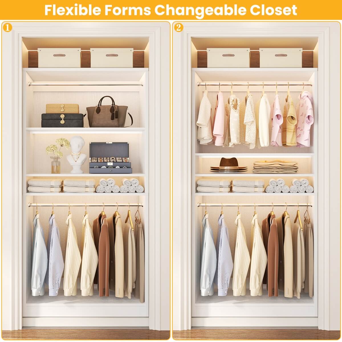 36'' Freestanding Closet System with 2 Hanging Rods & Adjustable Shelve