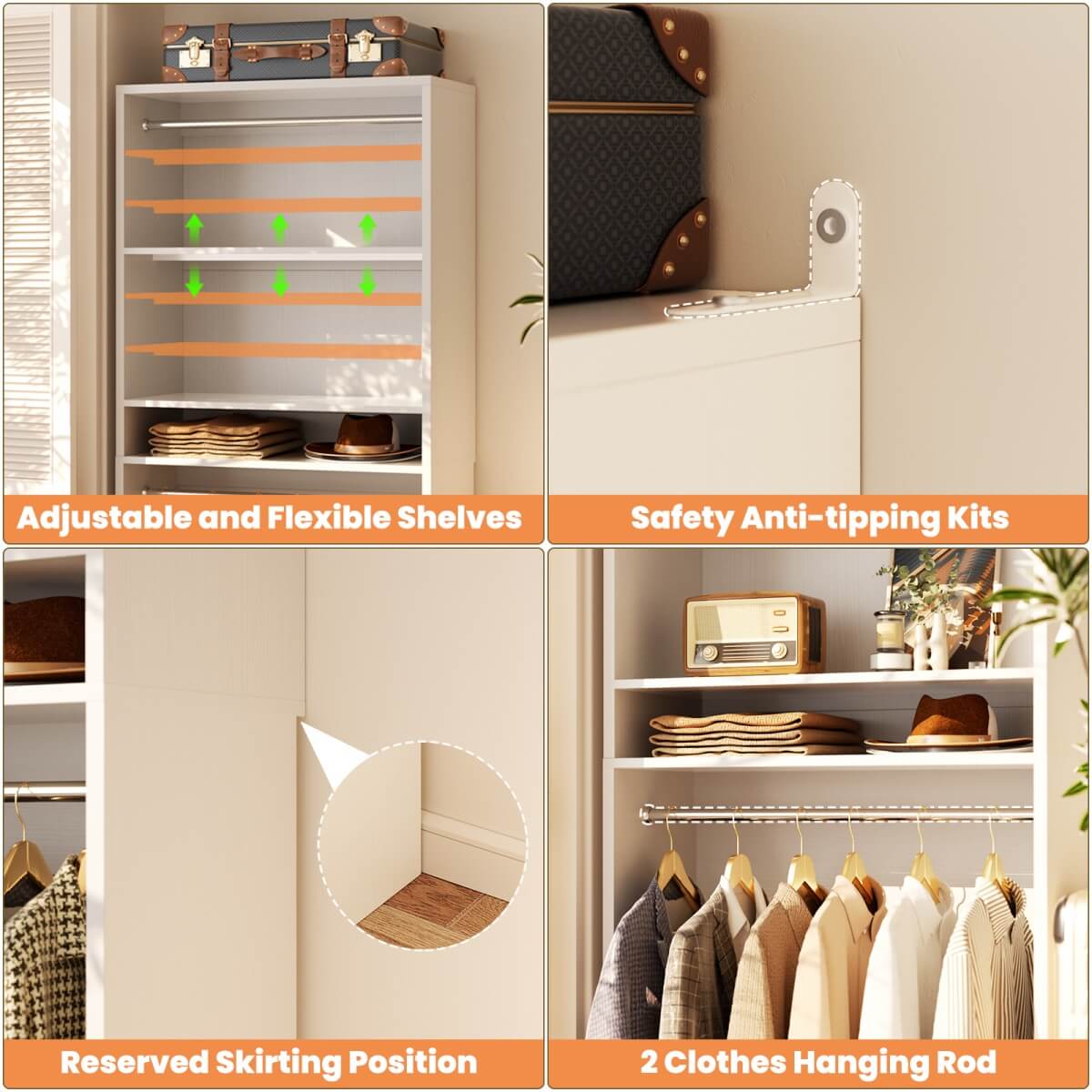 36'' Freestanding Closet System with 2 Hanging Rods & Adjustable Shelve