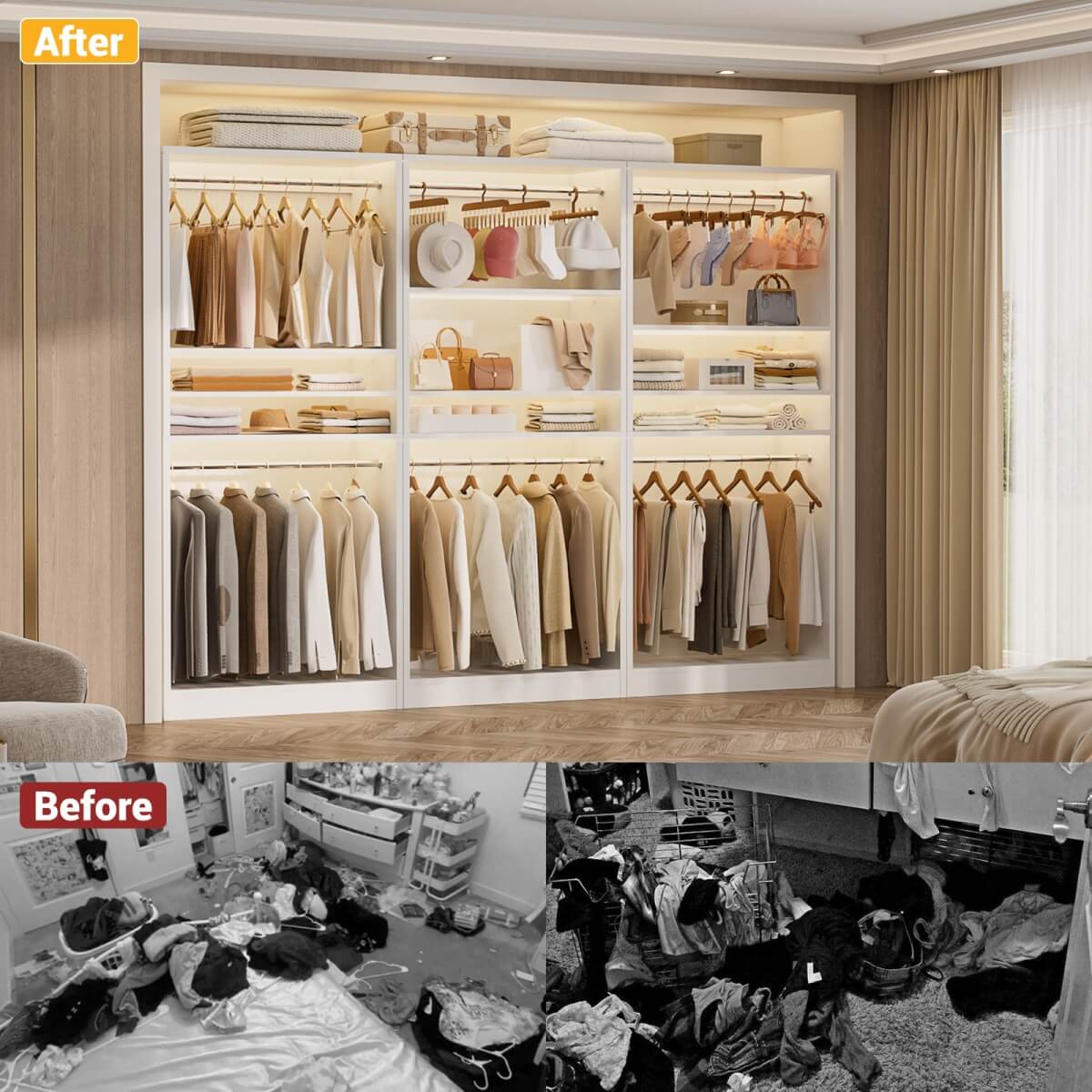 36'' Freestanding Closet System with 2 Hanging Rods & Adjustable Shelve