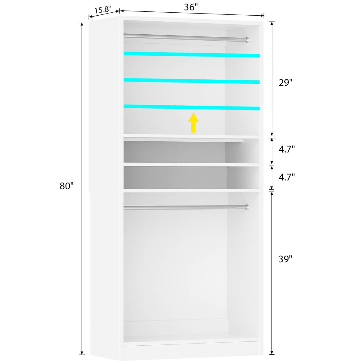 36'' Freestanding Closet System with 2 Hanging Rods & Adjustable Shelve