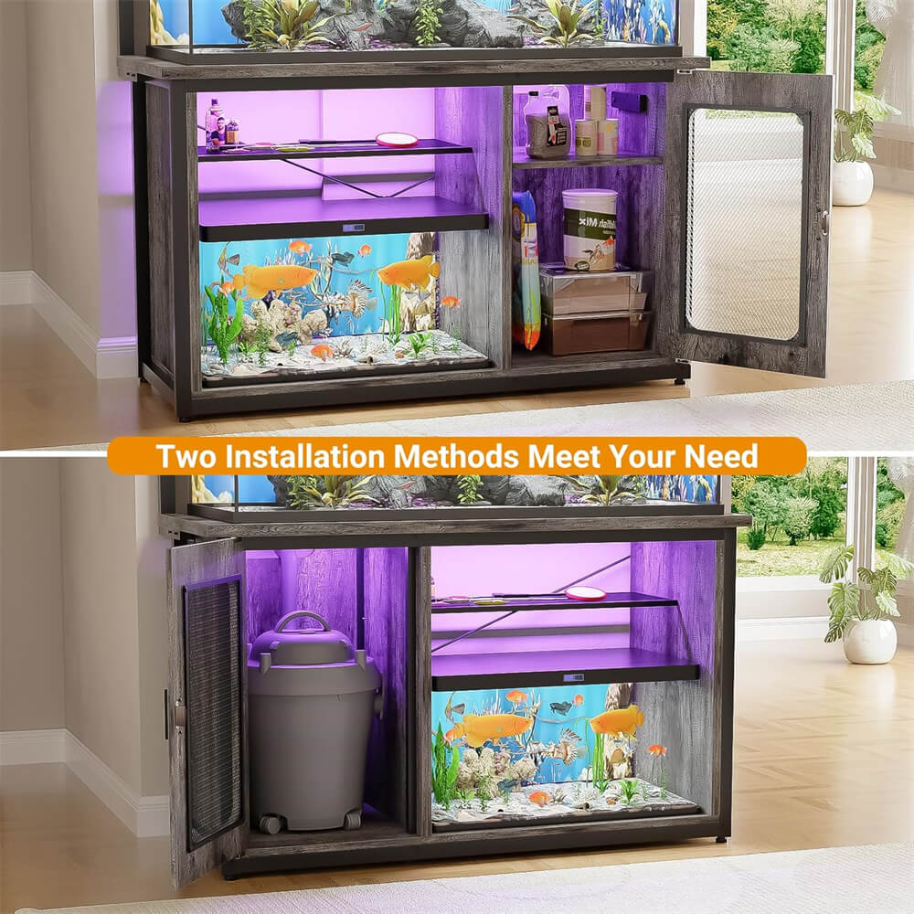 55-75 Gallon Fish Tank Stand with Power Outlets & LED Light, Heavy Duty Aquarium Stand with Reversible Cabinet and Top Shelf