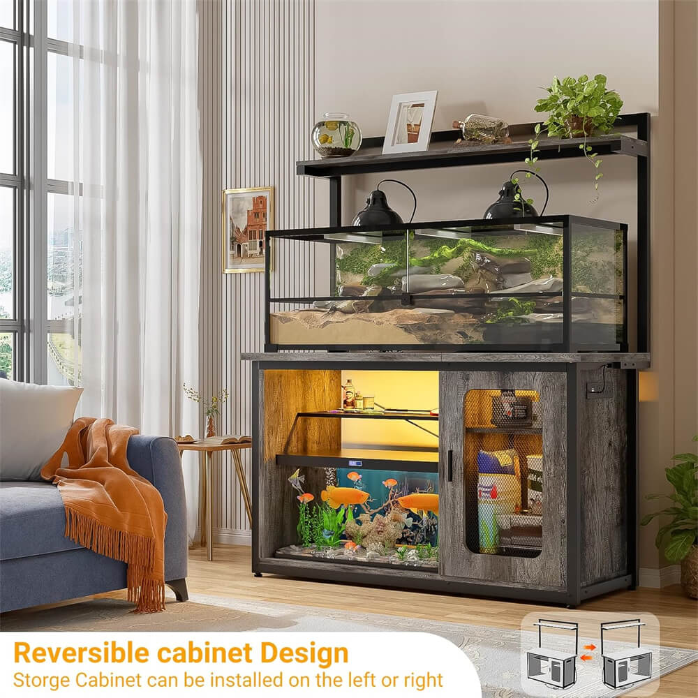 55-75 Gallon Fish Tank Stand with Power Outlets & LED Light, Heavy Duty Aquarium Stand with Reversible Cabinet and Top Shelf