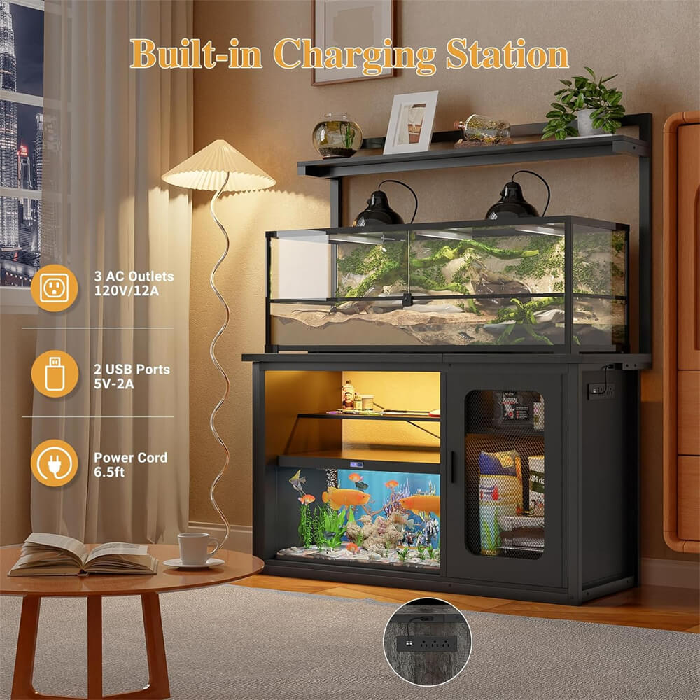 55-75 Gallon Fish Tank Stand with Power Outlets & LED Light, Heavy Duty Aquarium Stand with Reversible Cabinet and Top Shelf